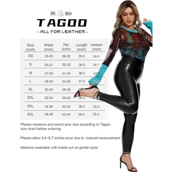 Tagoo Women's Stretchy Faux Leather Leggings Pants, High Waisted Tights - XL - Picture 6 of 6